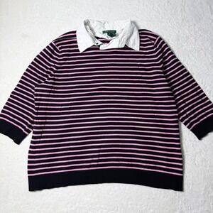 Lauren Ralph Lauren Womens Size 3X Black Pink Striped Sweater Layered 3/4 Sleeve